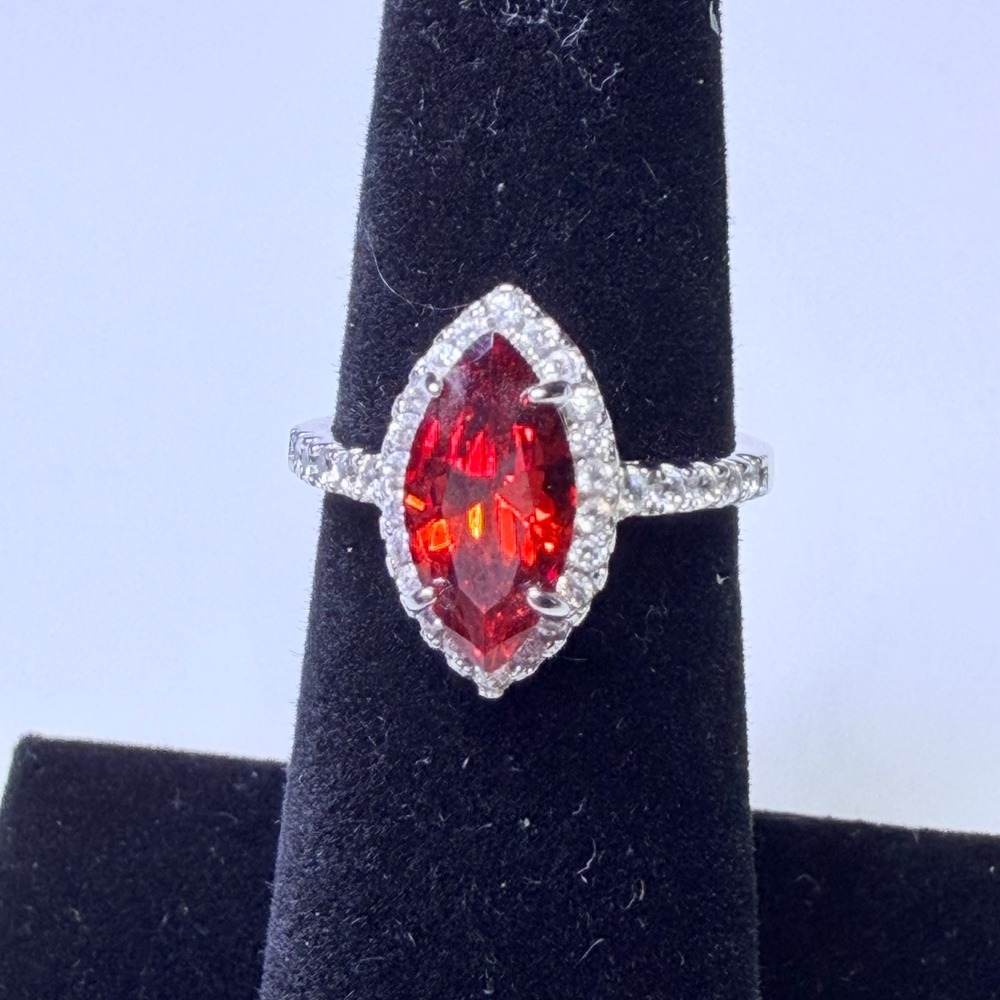 Marquise Cut Red Gemstone Halo Ring Silver Tone Pavé Band Statement Jewelry